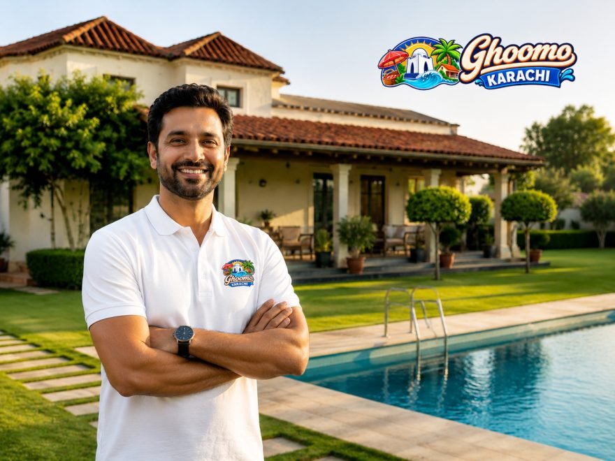 A farmhouse owner in front of his property, listed on Ghoomo Karachi