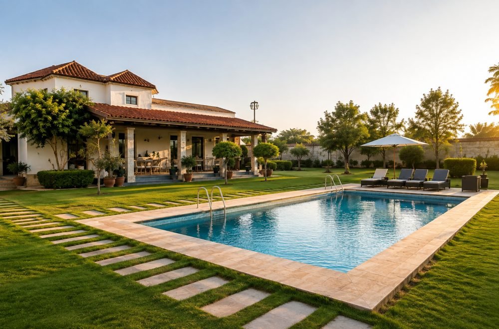 A Karachi farmhouse lawn with a swimming pool at golden hour
