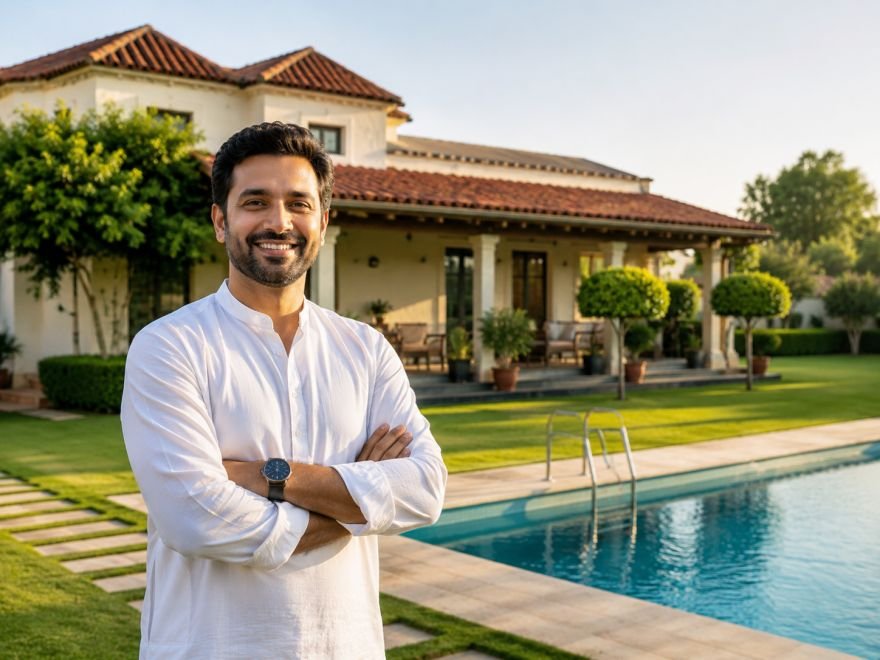 A property owner standing at the gate of their Karachi farmhouse