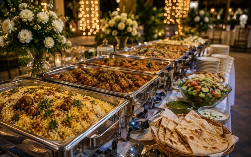 A buffet laid out in chafing dishes at a Karachi farmhouse
