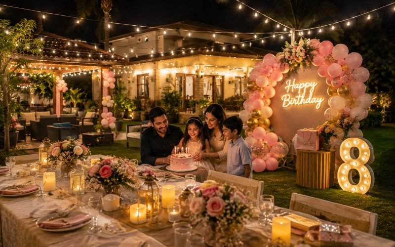 A birthday set up on a farmhouse lawn with string lights, a balloon arch and a decorated table