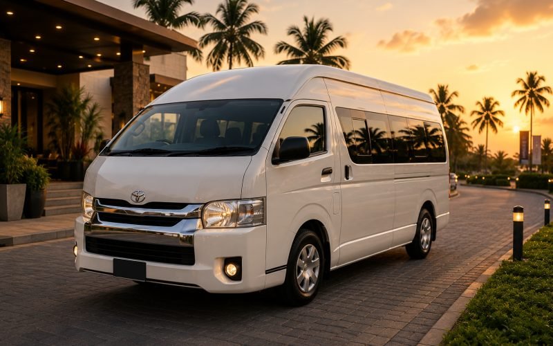 A Hiace van waiting to take a group out to a farmhouse